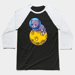 Cute Astronaut Cat Sitting On Moon Cartoon Baseball T-Shirt